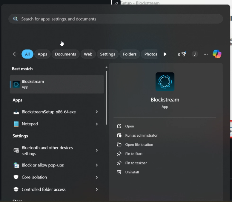 Blockstream in Start menu
